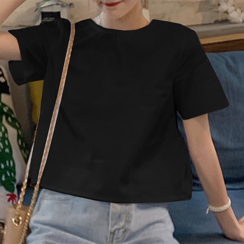 CHICDEAR Chic Korean Style Tunic Summer Short Sleeve Sexy Backless Peplum Shirt Casual Lady Bowknot Short Tops Women O-Neck Blouse