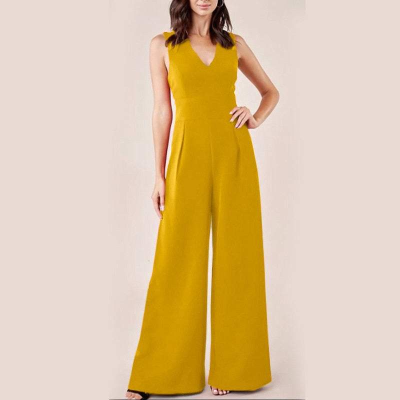 CHICDEAR Office Lady Solid Wide Leg Pant Overalls Summer Sleeveless Waisted 2023 Fashion Long Rompers Women Sexy V-Neck Jumpsuit