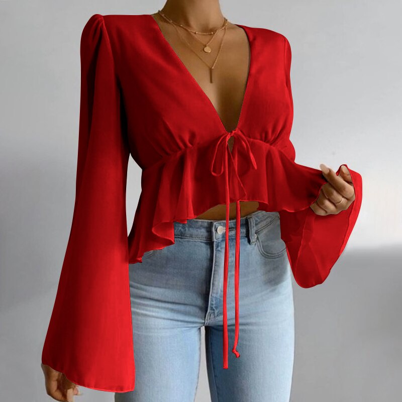 CHICDEAR Ruffles Women Shirts 2023 Fashion Sexy Deep V Neck Casual Long Flare Sleeve Short Blouse Solid Bandage Vintage Tunic Tops