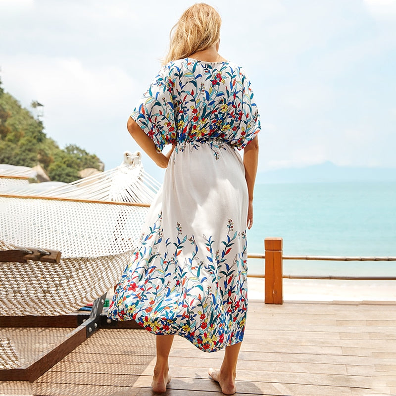 CHICDEAR 2023 Bohemian Floral Embroidered Half Sleeve Front Open Summer Beach Dress Elegant Women Beachwear Maxi Dress Robe De Plage Q851