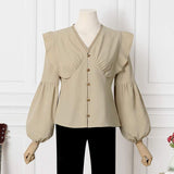 CHICDEAR Women Elegant Lace V Neck Blouse Lantern Sleeve Shirt Fashion Stitching Ruffles Blusas 2023 Autumn Vintage Buttons Tops