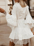 CHICDEAR Elegant Lace Dress 2023 Summer 3/4 Flare Sleeve Solid Party Mini Vestidos Sexy V Neck Casual Ruffled Dresses Beach Robe
