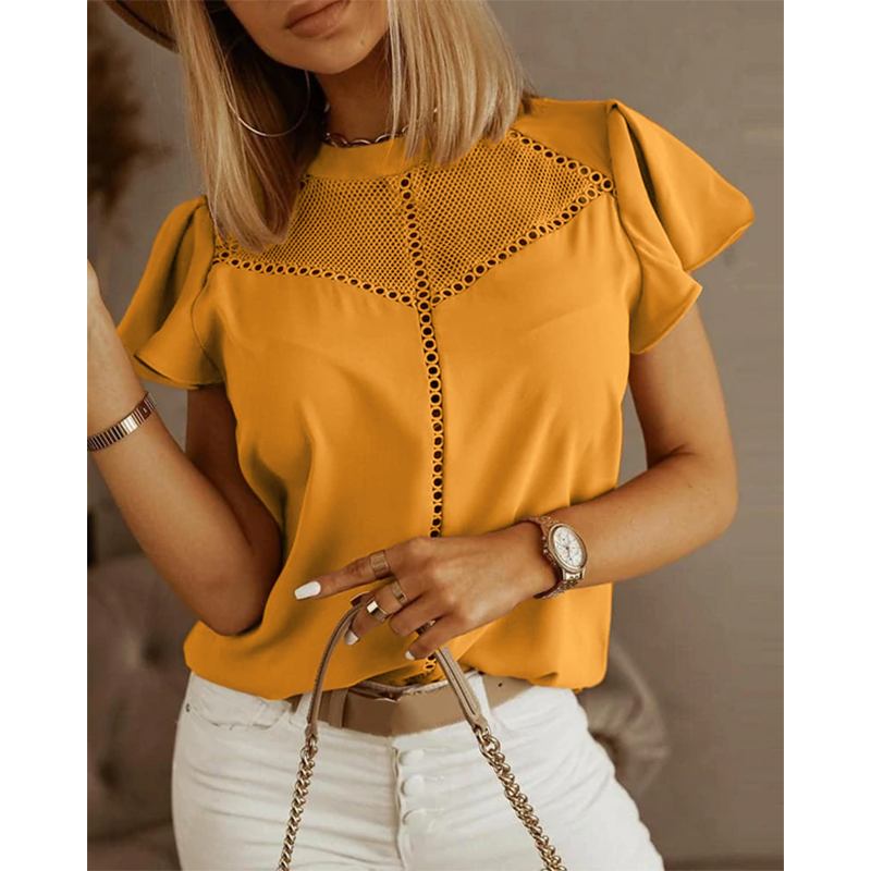 CHICDEAR Ruffles Short Sleeve Blouses Women Summer Hollow Out Lace Casual Chic Blusa Elegant Round Neck Fashion Solid Color Tops
