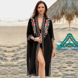 CHICDEAR 2023 Black Embroidered Mid-Calf Length Long Kimono Cardigan Plus Size Beachwear Sarongs Plage Women Tops Blouse Shirts Q940