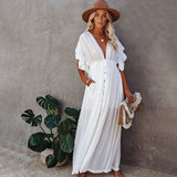 CHICDEAR Sexy Deep V-Neck Butterfly Sleeve Self Belted High Waist Button Front Open Summer Beach Dress Whitetunic Women Beachwear Q1208