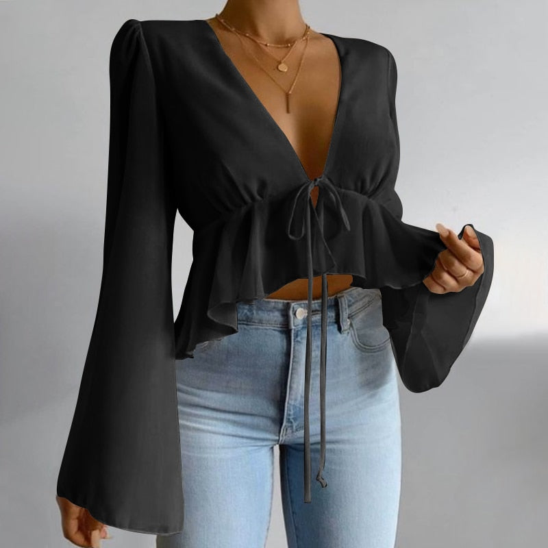 CHICDEAR Ruffles Women Shirts 2023 Fashion Sexy Deep V Neck Casual Long Flare Sleeve Short Blouse Solid Bandage Vintage Tunic Tops