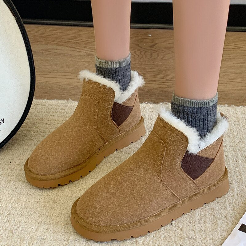 CHICDEAR 2023 Women Fur Warm Chelsea Snow Boots New Fashion Winter Short Plush Ankle Boots Flats Casual Ladies Shoes Motorcycle Botas