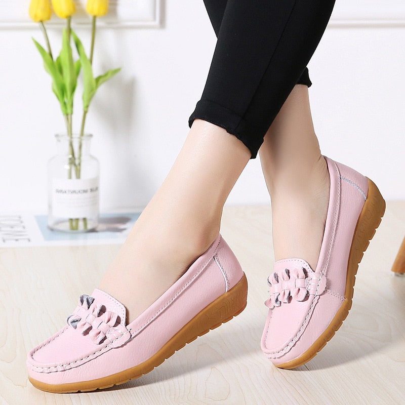 CHICDEAR New Women Flats Genuine Leather Shoes Woman Soft Boat Shoes For Women Flats Shoes  Ladies Loafers Non-Slip Sturdy Sole Big Size