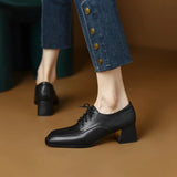 Chicdear -NEW Spring/Autumn Women Shoes Square Toe High heels Genuine Leather Chunky Heel Pumps Plus Size Retro Lace Up Black Shoes Women