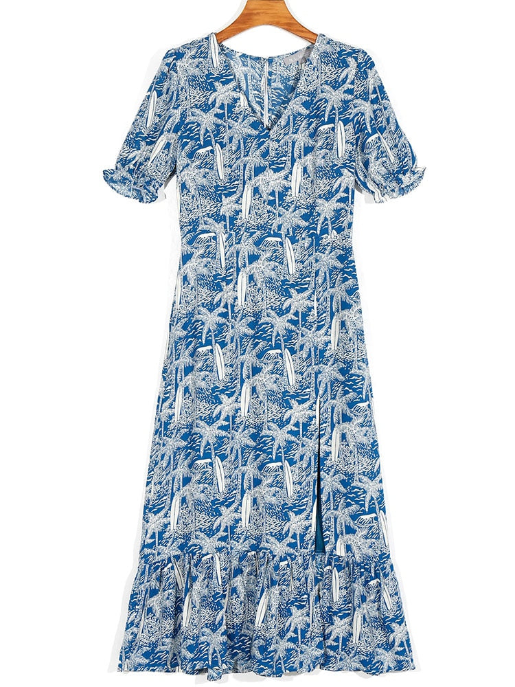 Chicdear Summer Women Midi Dress Slim Floral Print V Neck Fashion Blue Holiday Short Sleeves Party Long Split Dress