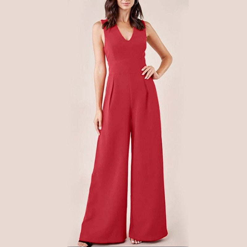 CHICDEAR Office Lady Solid Wide Leg Pant Overalls Summer Sleeveless Waisted 2023 Fashion Long Rompers Women Sexy V-Neck Jumpsuit