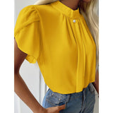 CHICDEAR Fashion Stand Collar Blouse Office Lady Elegant Blusas Leisure Solid Color Shirt Summer All-Match Women Short Sleeve Tops