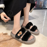 CHICDEAR Fur Flip Flops Women Flats Slippers 2023 New Fashion Home Cotton Shoes Winter Short Plush Platform Casual Shoes Boots Slides
