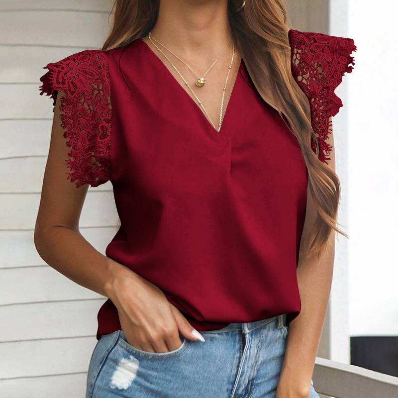 CHICDEAR Sleeveless V Neck Tank Tops Lace Stitching Elegant Fashion Women Blouse All-Match 2023 Summer Solid Color Shirts Blusas