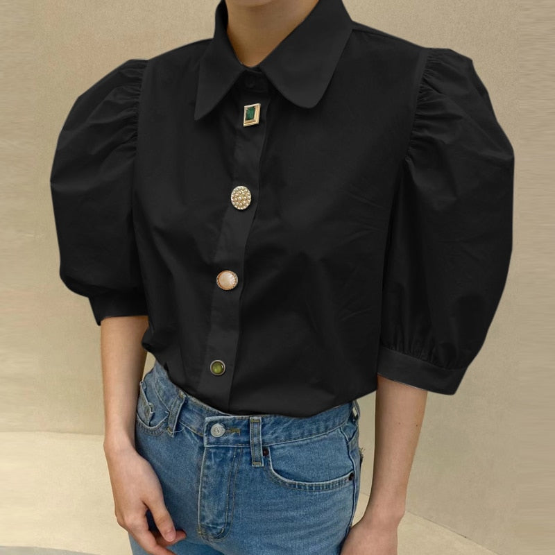 CHICDEAR Solid Color Lapel Collar Blusas Buttons 2023 Summer Puff Short Sleeve Women Shirt All-Match Elegant Casual Tops Blouse