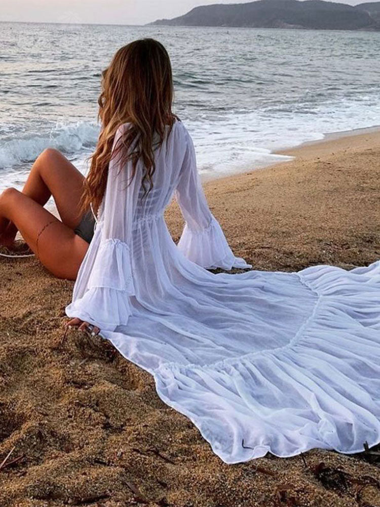 CHICDEAR 2023 Sexy White Long Dress Multi-Layer Ruffle Sleeves Dreses Self Belted High Waist Lace Tassel Front Open Summer Beach Dress D5