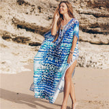 CHICDEAR 2023 Blue Bohemian Printed Lace Up V-Neck Bats Sleeve Loose Summer Dress Beach Caftan Plus Size Women Beachwear Maxi Dress Q736