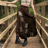 CHICDEAR Women's Vintage Brown Midi Skirts 2023 Autumn Elegant Velvet High Waist Long Skirt Female Print Patchwork A Line Skirts