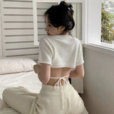 CHICDEAR Summer Bandage Knitting Crop Tops Women 2023 Korean Style Slim Fit Short Sleeve T-Shirts Woman Pink Sweet O-Neck Tees