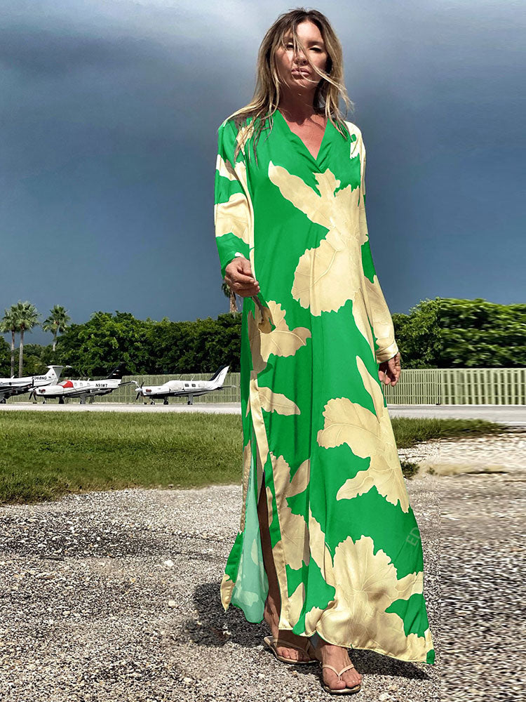 CHICDEAR 2023 Print Retro Embroidered Green Bat Sleeve Kaftan Woman Clothes Vintage Tassel Summer Dress Beach Wear Maxi Dresses A1048