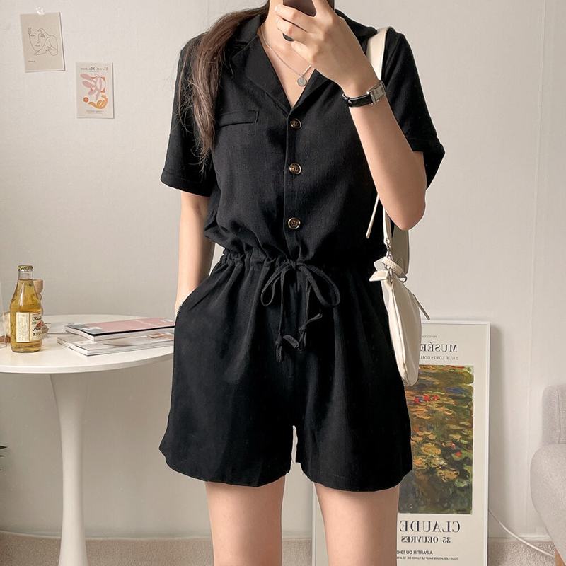 CHICDEAR Casual Loose Rompers Women 2023 Summer Short Sleeve Short Jumpsuit Lapel Button Up Playsuit Short Pant Overalls Pocket