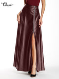 CHICDEAR PU Leather Women Elegant Skirts Fashion High Waist Hem Slit A-Line Maxi Skirts Casual Zipper Streetwear Ladies Long Jupe