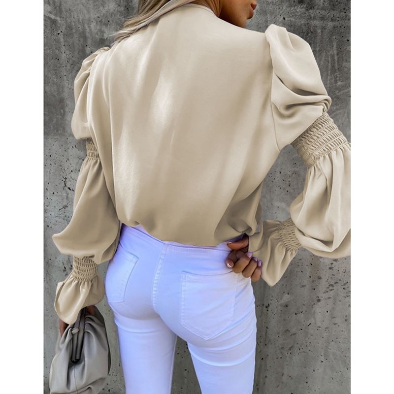CHICDEAR Leisure Elegant Blouses Women Autumn Wrapped Blusas Shirred Cuff Puff Sleeve Satin Shirts 2023 Fashion Chic V Neck Tops