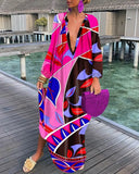 CHICDEAR Sexy Casual Women Loose Long Sleeve Round Maxi Dress Going Out Neck Abstract Print Lantern Sleeve Shirt Dress