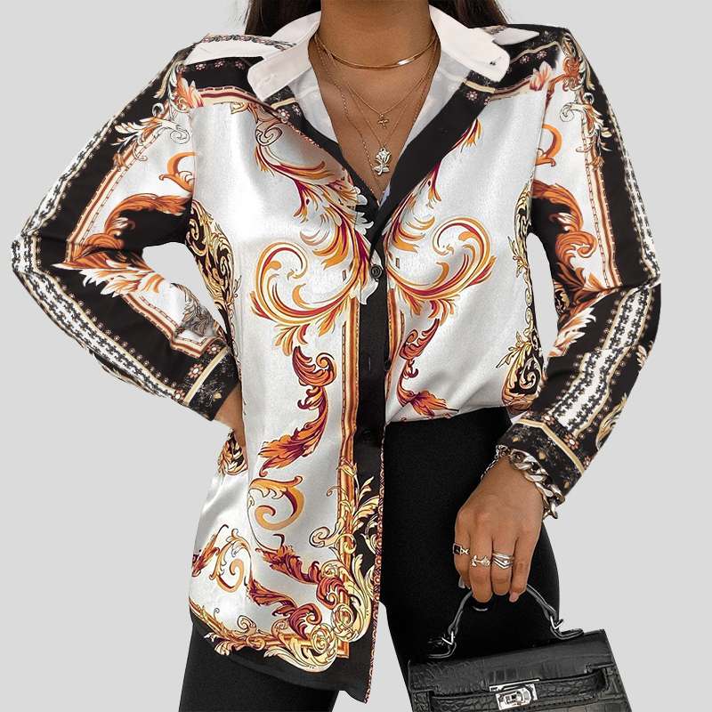 CHICDEAR Retro Women Tops 2023 Autumn Button Up Blusa Long Sleeve Vintage Printed Shirt Oversize Fashion Lapel Holiday Blouse