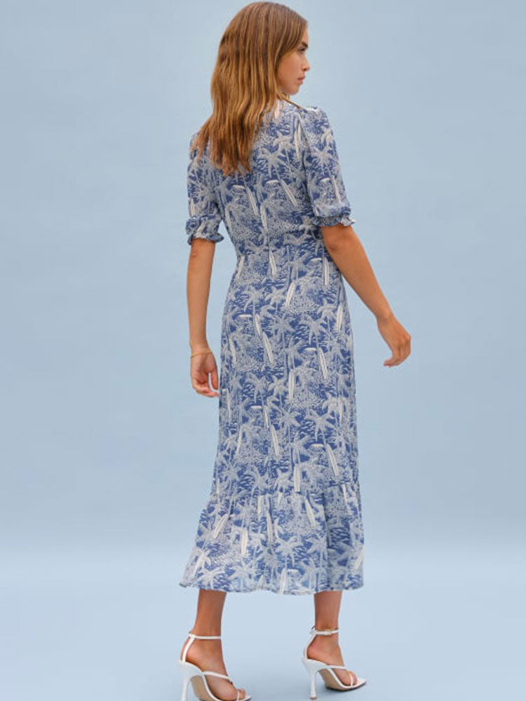Chicdear Summer Women Midi Dress Slim Floral Print V Neck Fashion Blue Holiday Short Sleeves Party Long Split Dress