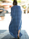 CHICDEAR 2023 Causal Striped V-Neck Button Front Open Summer Beach Dress Blue Tunic Women Plus Size Clothes Maxi Dresses Q1097
