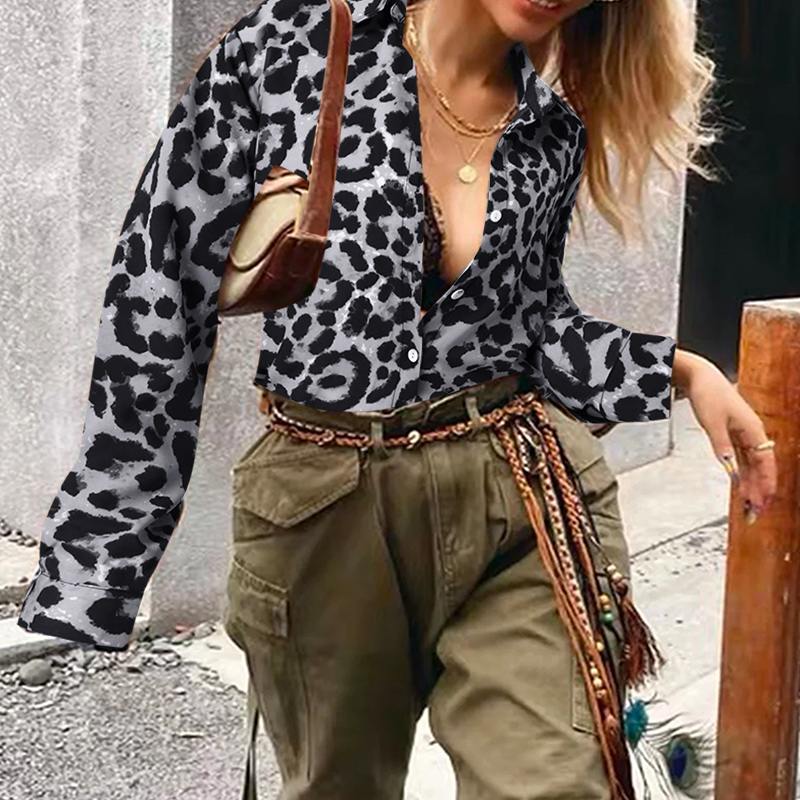 CHICDEAR Women Long Sleeves Buttons Tops Femme 2023 Summer Fashion Leopard Printed Shirts Streetwear Lapel Collar Casual Blouses