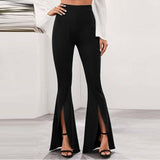 CHICDEAR Women Flared Trousers 2023 Fashion High Waist Bell-Bottoms Elegant Skinny Solid Slit Long Pants Casual Office Streetwear