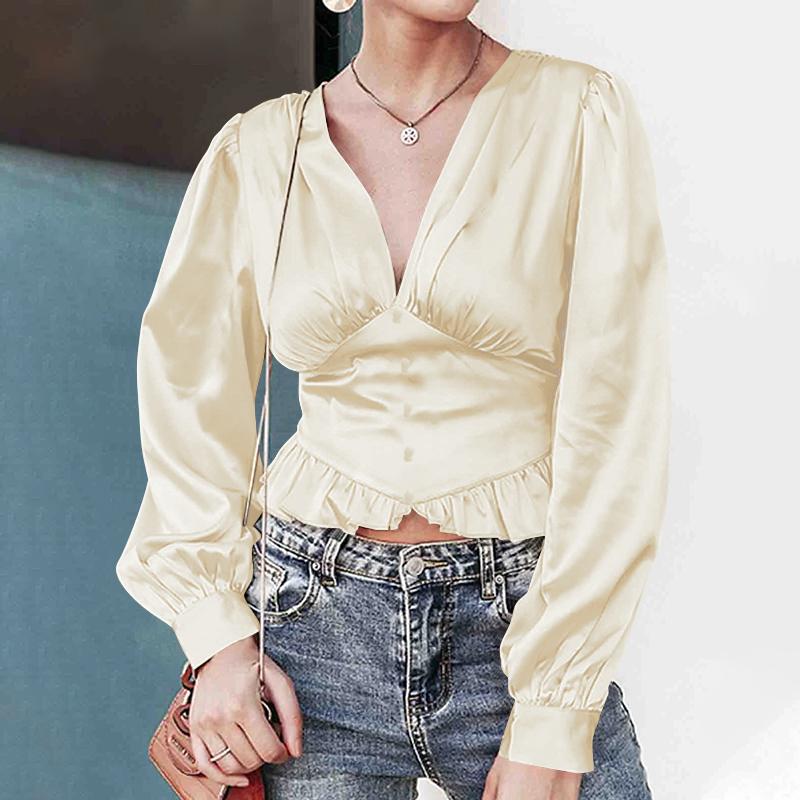 CHICDEAR Satin V-Neck Women Blouses Fashion Ruffled Hem Blusas Long Puff Sleeve Vintage Peplum Shirts Elegant Pleats Cropped Tops