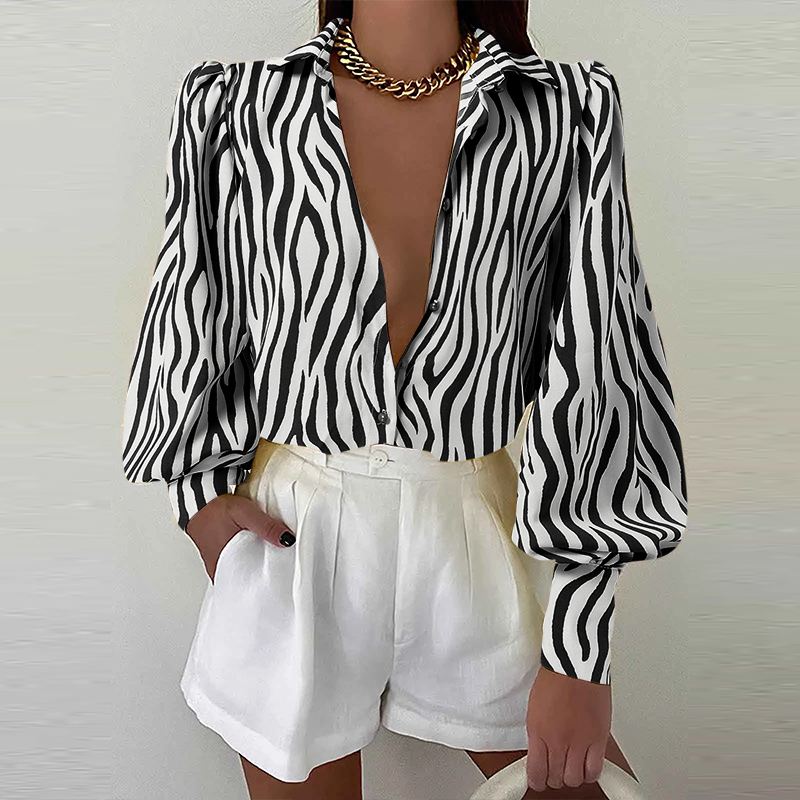 CHICDEAR Elegant Lady Zebra Printing Chemise Fashion Lapel Buttons 2023 Summer Blouses Women Streetwear Long Puff Sleeve Shirts