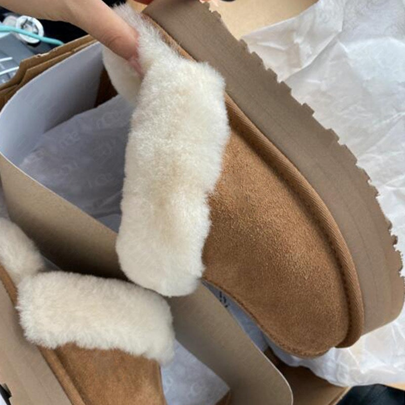 CHICDEAR Winter Women Fur Slippers Warm Boots Platform Flip Flops 2023 New Short Plush Flats Home Cotton Shoes Suede Mules Ladies Boots