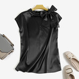 CHICDEAR Fashion 2023 Summer Shirt Bandage Short Sleeves Tops All-Match Bowtie Tunic Office Lady Elegant Satin Silk O Neck Blouses