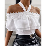 CHICDEAR Fashion Sexy Halter Blouses Short Sleeve Street Back Zipper Women Party Shirts Lace Stitching Ruffles Solid Tunics Tops