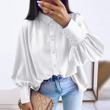 CHICDEAR Women Lapel Collar Blouses Elegant Pleats Long Puff Sleeve 2023 Summer Shirts Solid All-Match Buttons Satin Tunic Tops