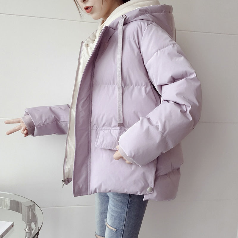 CHICDEAR New Winter Women's Down Cotton Jacket Casual Loose Thick Warm Hooded Parkas Woman Solid Color Short Padded Cotton Coat