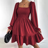 CHICDEAR Elegant Women Ruffled Sundress 2023 Puff Long Sleeve Sexy Square Collar Mini Dress Casual Solid Pleated Party Vestidos