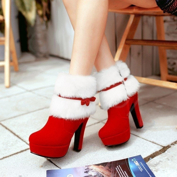 CHICDEAR Fur Ankle High Heels Chelsea Snow Boots Women Winter 2023 New Brand Short Plush Warm Boots Ladies Shoes Bow Sexy Pumps Botas