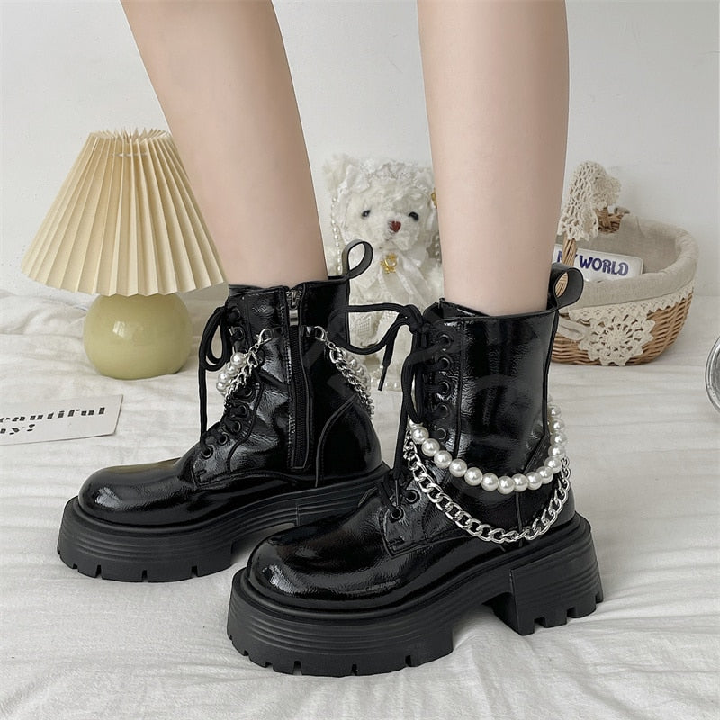 CHICDEAR Women Platform Chelsea Ankle Boots Chain Beaded Winter Shoes 2023 New Fashion Mid Heels Motorcycle Boots Goth Casual Shoes Botas