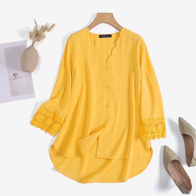 CHICDEAR Autumn V Neck Blouse Holiday Solid Long Sleeve Buttons Tops Lace Stitching Women Fashion Casual Loose Blusa Vintage Shirt