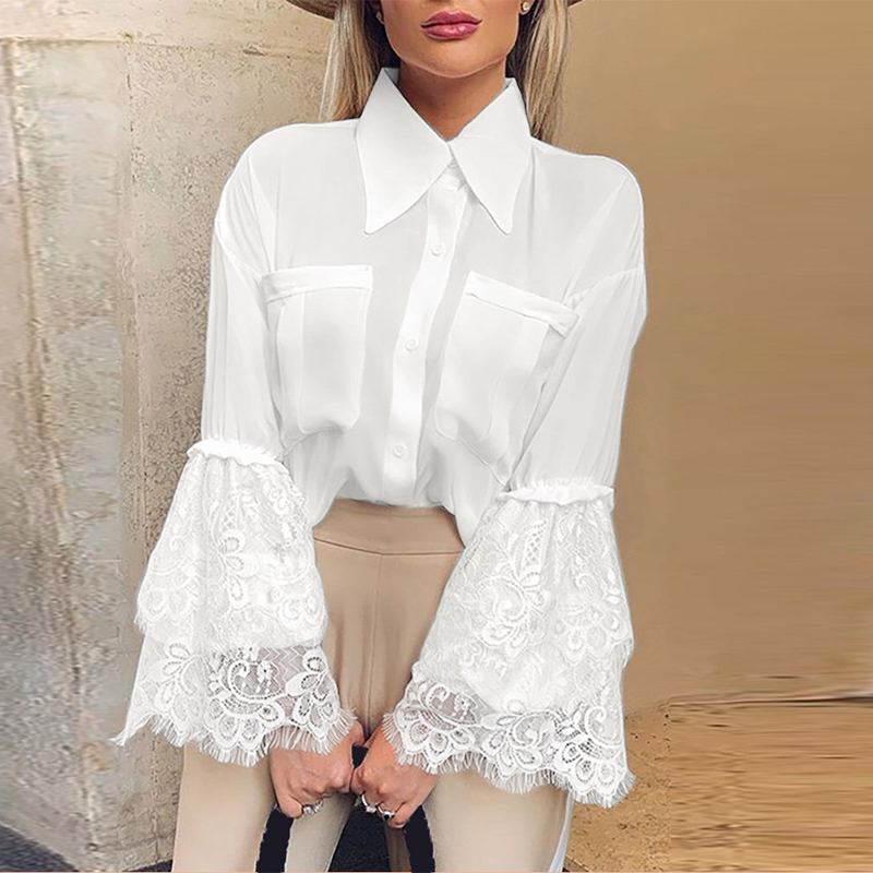 CHICDEAR Fashion Lace Stitching Flare Sleeve Shirts Women Casual Buttons Up Blouses Lapel Pockets Elegant Chemise Chic White Blusa
