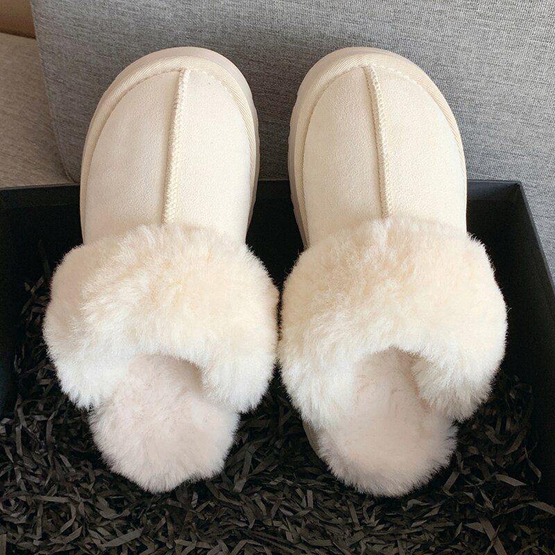 CHICDEAR Women 2023 New Fur Flip Flops Platform Slippers Winter Shoes Short Plush Casual Home Cotton Shoes Warm Flats Boots Mules Zapatos