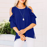 CHICDEAR Elegant 3/4 Sleeve Shirts Women Ruffles Leisure Fashion Blusas Slit Casual 2023 Summer Off Shoulder Tunic Solid Blouses