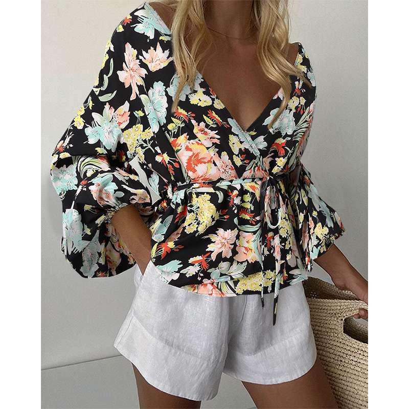 CHICDEAR Casual Bohemian Wrap Blouses 2023 Summer Women Chemise Sexy Deep V-Neck Lantern Long Sleeve Party Shirt Floral Print Tops