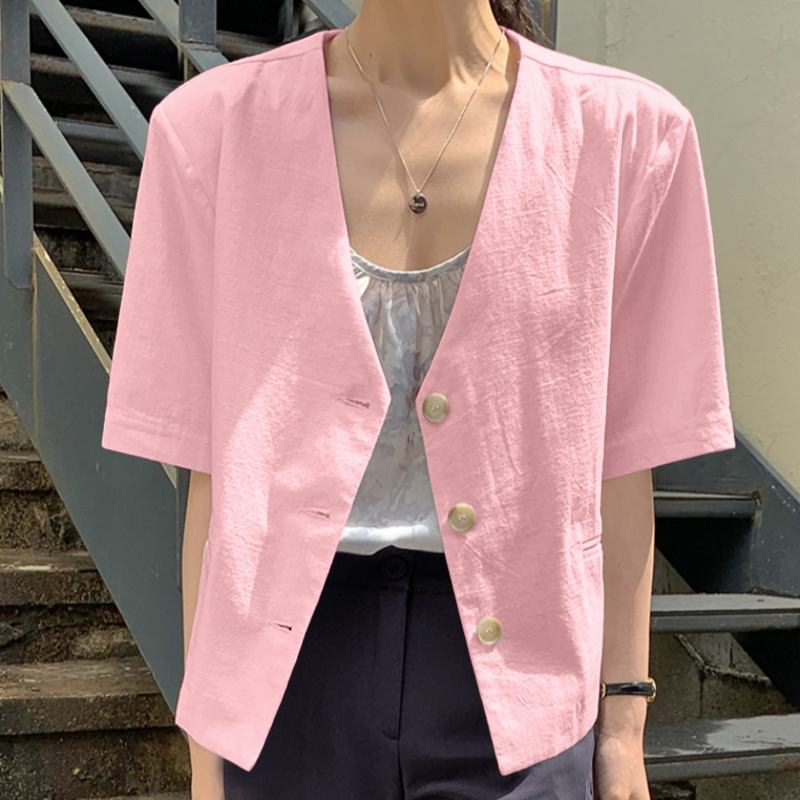 CHICDEAR Women Casual Thin Blazer 2023 Fashion Single Breasted V Neck Office Suits Summer Oversize Short Sleeve Leisure Outwears
