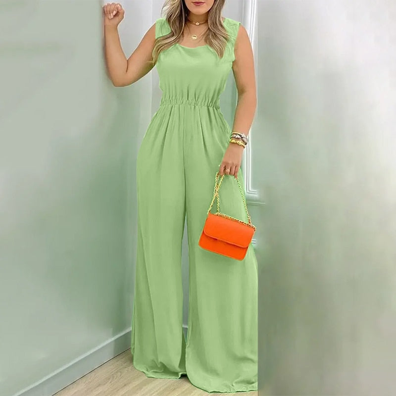 CHICDEAR Sleeveless Summer Long Romper Loose Wide Leg Pant 2023 Fashion Solid Color Overalls Leisure Women Elastic Waist Jumpsuits